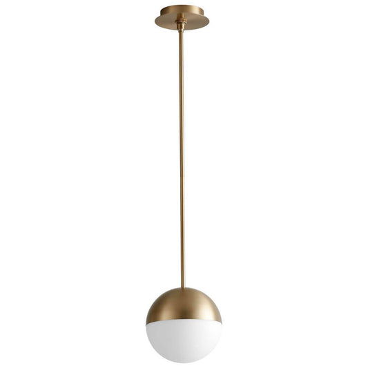 1 Light 8 inch LED Pendant in Aged Brass with Satin Opal Glass 239598