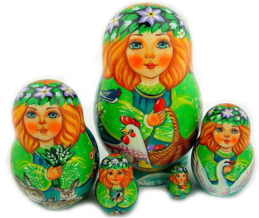 (D) Russian Souvenirs Green Nesting Dolls Matryoshka Wood Stacking Nested Set 5pc